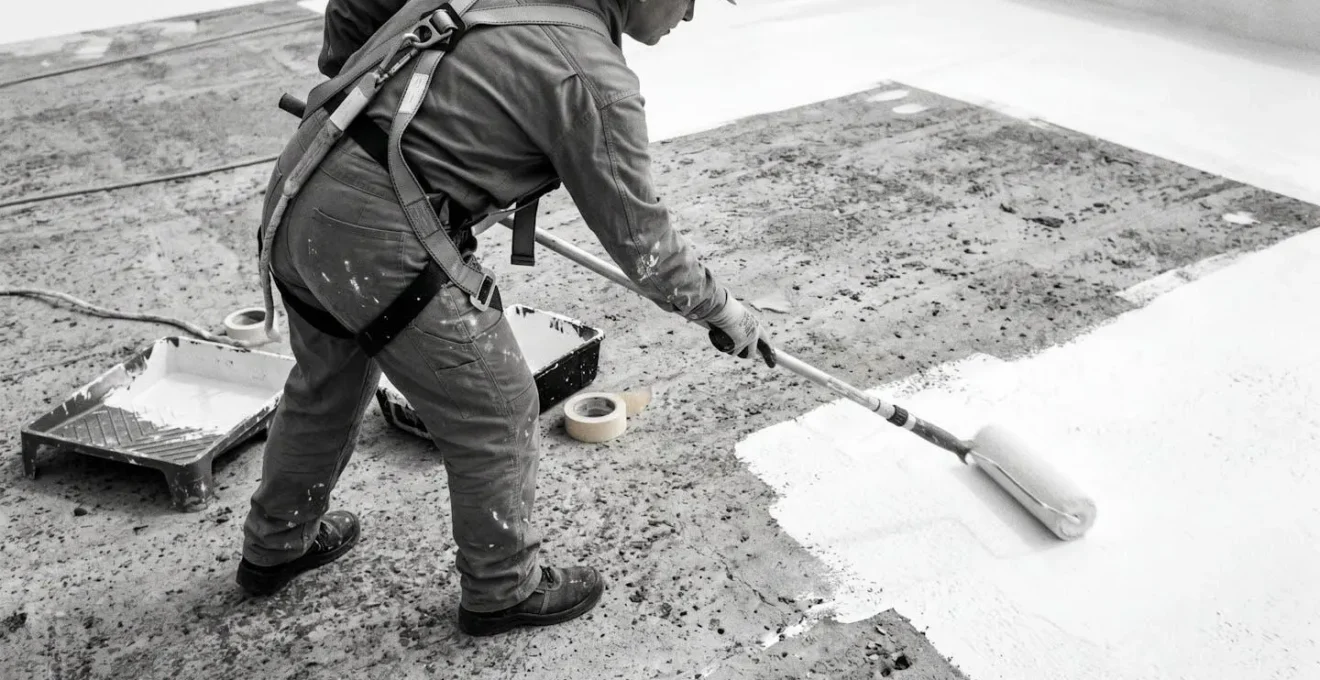 Artisan peintre professionnel équipé d'un harnais de sécurité appliquant au rouleau une peinture blanche réfléchissante sur une toiture-terrasse, montrant la texture du revêtement en cours de pose et les outils professionnels