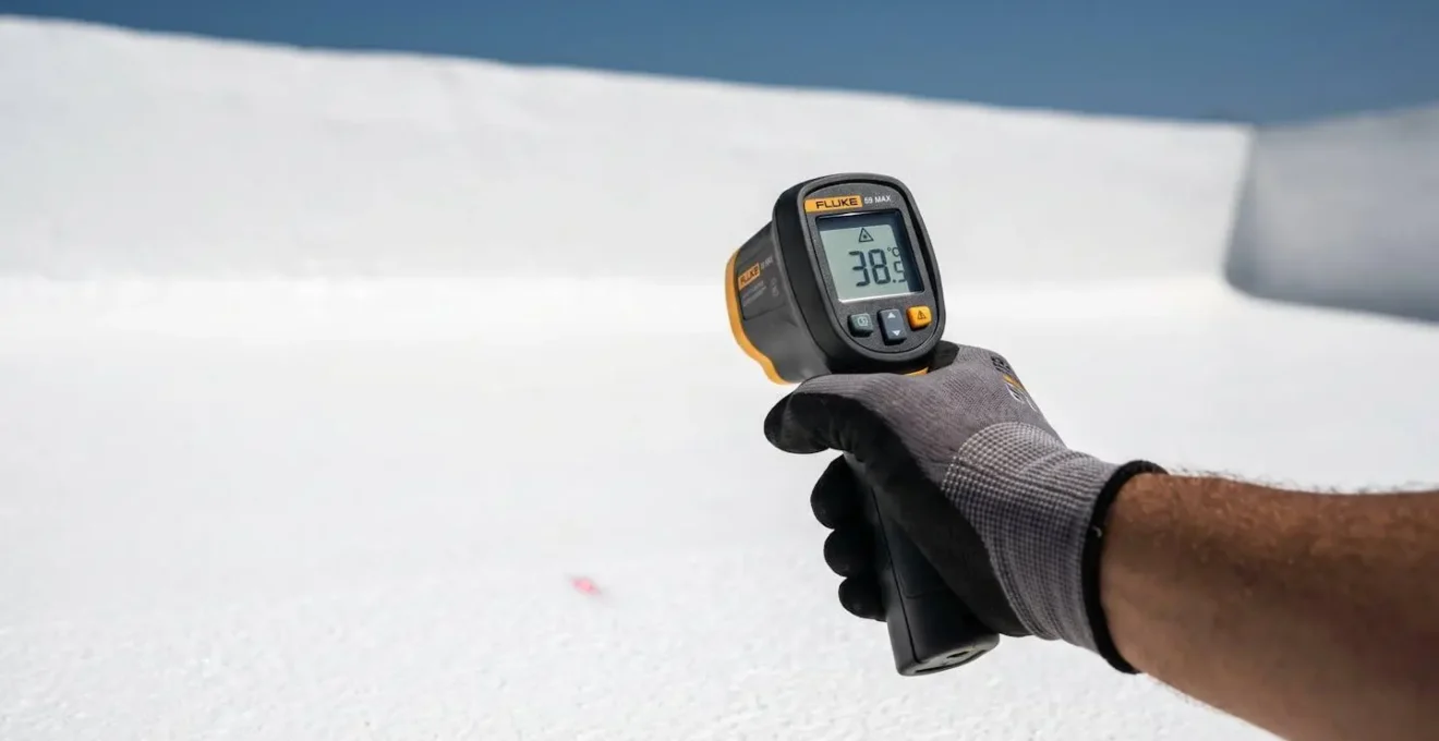 Thermomètre infrarouge professionnel tenu par une main gantée mesurant la température de surface d'une toiture revêtue de peinture réfléchissante blanche sous un soleil méditerranéen intense